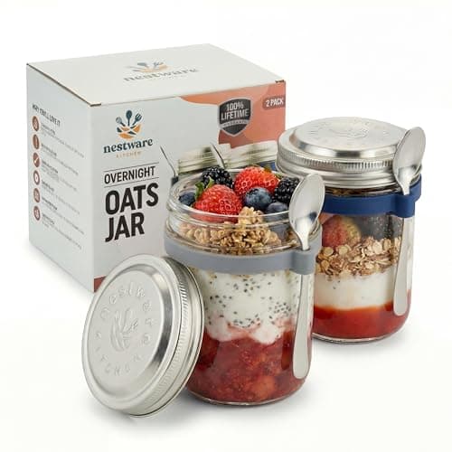 Image of Nestware Kitchen Overnight Oats Jar with Spoon [2-Pack] – 350ml Glass Breakfast Container with 50g Measuring Lid – Leak Proof Seal – For Chia, Yoghurt, Oatmeal & Meal Prep