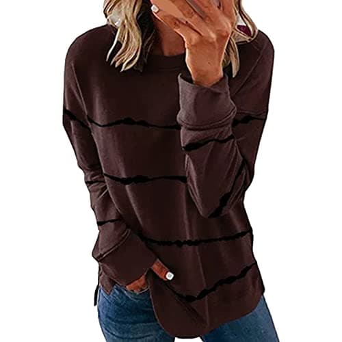 Image of WWricotta Womens Top Casual Crew Neck Sweatshirt Solid Stripe Long Sleeve Loose Pullover Ladies Sweatshirts with Embroidery Brown