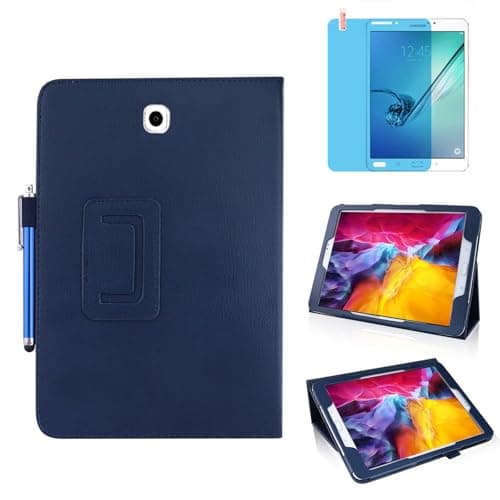 Image of Slim Leather Case for Samsung Galaxy Tab S2 8.0 Inch 2015 (SM-T710 T713 T715 T719), Multi-Angle Stand Full-Protective Tablet Cover Book Case with Stylus Pen,Screen Film (Blue)
