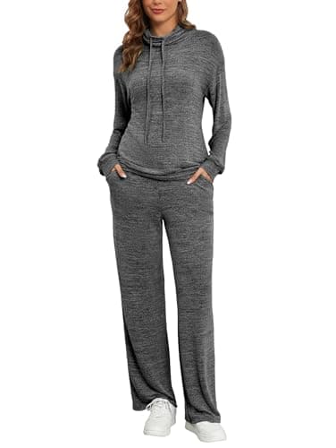 Image of Famulily Ladies Tracksuit Sets Cowl Neck Long Sleeve Co Ord Set with Drawstring Pockets Loungewear Outfits Dark Grey L