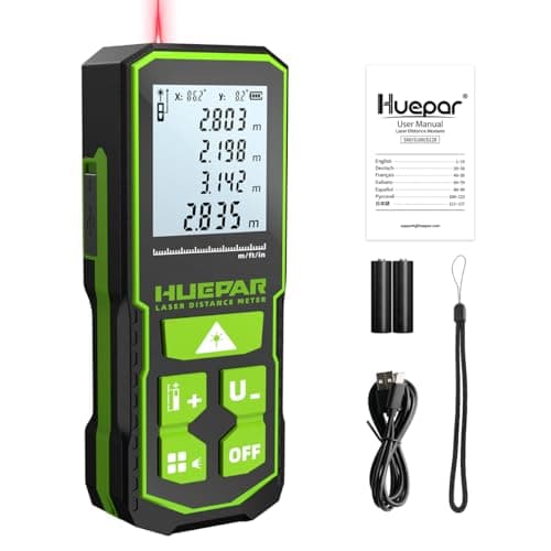 Image of Laser Distance Meter 100m/330Ft, Huepar S100 Digital Laser Measure with Backlit 4-Line Display, Area Volume & Pythagorean Measurement, Bubble Level, IP54, Portable Distance Measuring Tool with Battery