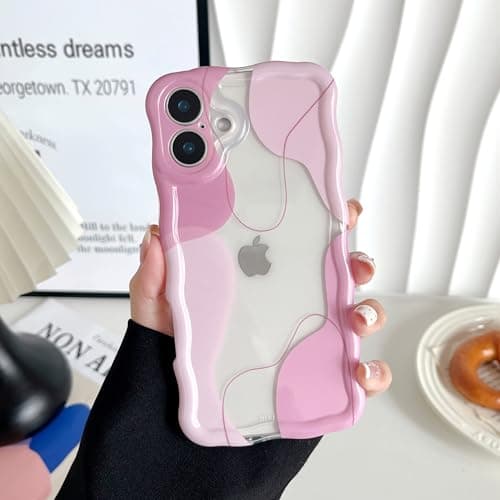 Image of DEFBSC Compatible with iPhone 16 Case, Cute Wavy Curly Shape Colour Mix Aesthetic Design Durable Stylish Shockproof Full Camera Protection Clear Wave Phone Case for Girls Women - Pink