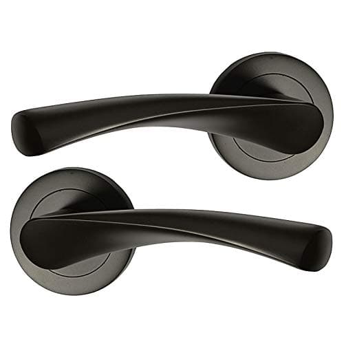 Image of HANDLESTORE Twist Lever on Rose Door Handle Set – Matt Black Finish, Pair with Fixings & Spindle