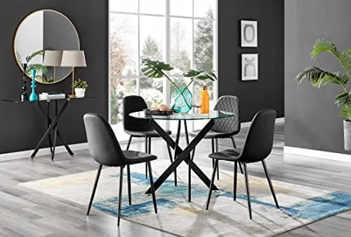 Image of Furniturebox UK Dining Table - Novara 100cm Round Matte Black and Clear Tempered Glass Industrial Home 4 Seater Kitchen Dining Table & 4 Black Faux Leather Black Leg Corona Dining Chairs