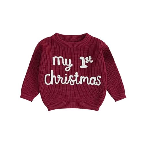 Image of My First Christmas Jumper Baby Boys Girls Long Sleeve Embroidered Oversized Chunky Knit Sweater Pullover Sweatshirt Toddler Winter Warm Knitwear Tops Unisex (Red My 1st Christmas, 0-3 Months)