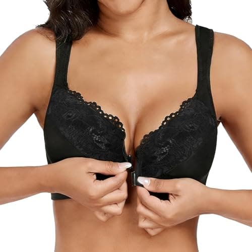 Image of LEHEEYWT Front Fastening Bra, Padded Support Sexy Lace Push Up Fantasie Bras for Women, Comfortable Everyday Plunge Plus Size Underwired Women's Bras (UK, Alpha, L, Regular, Regular, Black)