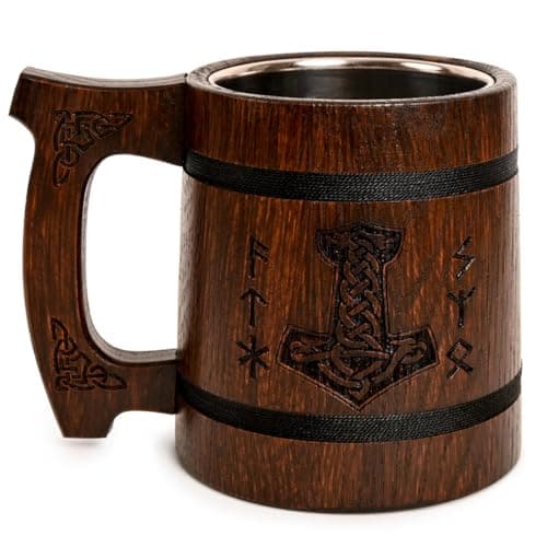 Image of Teslyar Viking Beer Mug Tankard – Handmade Oak Wood & Stainless Steel Cup, 600 ml Authentic Viking Mug, Wooden Beer Stein, Medieval Style Drinkware, Men’s Gift, Father’s Day or Birthday (Thors Hammer)
