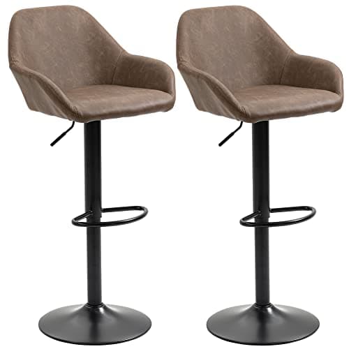 Image of HOMCOM Bar Stools Set of 2, Height Adjustable Swivel Barstools, PU Leather Kitchen Stools with Backs, Armrests and Footrest for Home, Counter and Dining Room, Dark Brown