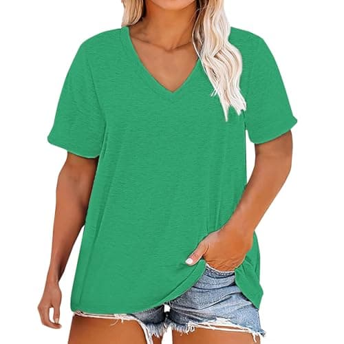 Image of Plus Size V Neck T-Shirts Women Short Sleeve Tops Casual Summer Tshirts Loose Fit Tee Mock Neck Women (Green, XXL)