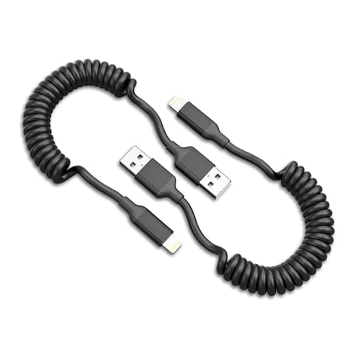 Image of Coiled Lightning Cable [30cm-60cm], 2 Pack 2.4A Short USB A to iPhone Charging Cable Retractable Fast Charging Cord for Apple Carplay, for iPhone 14 13 12 11 Pro Max 8 7 6 Plus X SE, Black