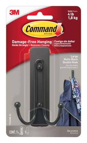 Image of Command Large Matte Black Double Hook, Indoor use - 1 Metal Large Hook and 1 Adhesive Strip - Hang Jackets, Purses, Handbags, Hats, Scarves, Dog Leads - Damage Free Hanging