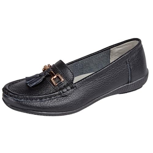 Image of Ladies Real Leather Tassel Slip On Moccasin Flat Nautical Boat Shoes Loafers Size 3-8 (3 UK, Black)