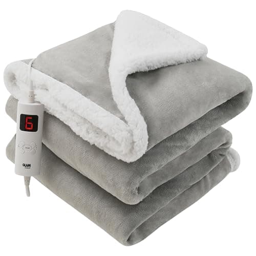 Image of GlamHaus Heated Throw Electric Fleece Over Blanket Sofa Bed Large 160 X 130cm - 6 Heat and 3 Timer Auto Shut Off - Soft Reversible Design - Digital Control - Machine Washable (160x130cm Light Grey)