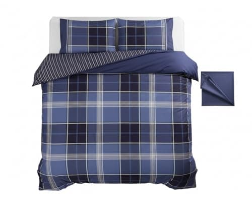 Image of Rapport Home Argyle Tartan Check Double Duvet Cover Set - Reversible Blue Bedding with two Pillowcases - Durable Polycotton Quilt Cover 200x200cm