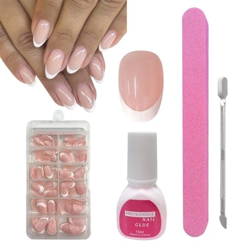 Image of ZAHRVIA French False Nails -Press On Nails Short Round - Fake Nail White Tip French False Nail Kit - Full Cover Stick on Nail Art Manicure Decorations (Short Ellipses)
