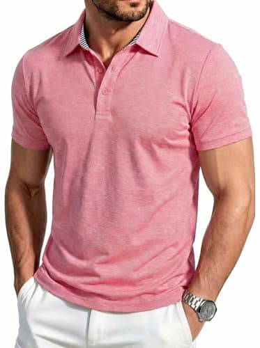 Image of EKLENTSON Men's Summer Polo Shirt Casual Outdoor Golf Tennis Short Sleeve T Shirt Quick Dry 3 Buttons Tops,Pink,XL