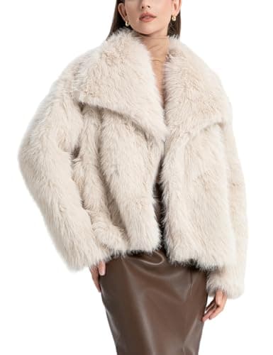 Image of Sukany Women's Winter Faux Fur Fleece Cropped Jacket Long Sleeve Button Up Lapel Fluffy Warm Outerwear Coat Beige M