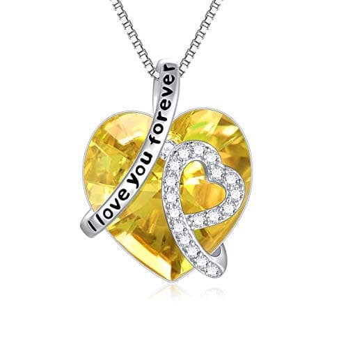 Image of Sterling Silver I Love You Forever Heart Pendant Necklace with Birthstone Crystals, Birthday Wedding Anniversary Jewellery Gifts for Her Women Wife Mum Girlfriend (Simulated Topaz)
