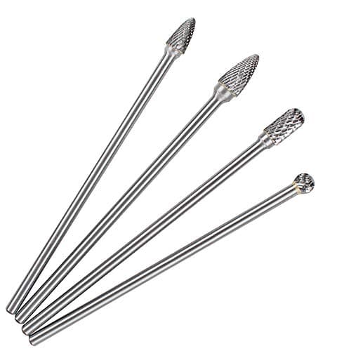 Image of Mesee Set of 4 Tungsten Carbide Rotary Burrs, 6 Inch Long Double Cut Rotating Burr with 6mm Shank Files Rasp Bit Tools Kit for DIY Woodworking Metal Carving Polishing Engraving Drilling