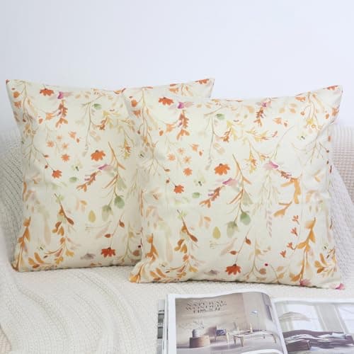 Image of OYIMUA Orange Yellow Cushion Covers 40cm x 40cm Floral Plant Outdoor Cushions 16x16 Inches Spring Summer Autumn Decorative Linen Pillow Covers for Garden Furniture Sofa