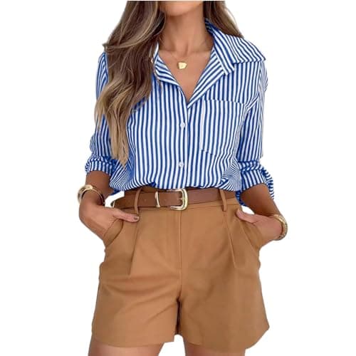 Image of Shirts for Women UK Striped Button Down Shirts Casual Long Sleeve Lapel Neck Tops Ladies Elegant Office Work Tunic Blouses UK 01-Blue S