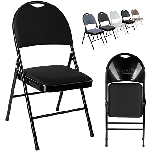 Image of Nyxi Folding Chairs Premium Quality with Padded Fabric or PVC Seats, Metal Frame, Foldable Chair Home Office Dinning, Heavy Duty, Multi-Purpose Indoor & Outdoor (Black Fabric, 1 X Chair)