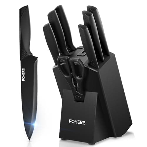 Image of FOHERE Knife Set 8 Pieces Kitchen Knife Set with Block High Carbon Stainless Steel Self-Sharpening Knife Block Set with Built-in Sharpener, Black