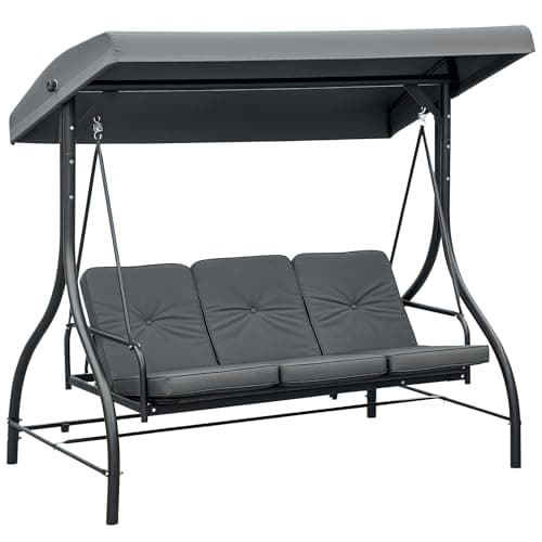 Image of Outsunny 3 Seater Canopy Swing Chair, 2 in 1 Garden Swing Seat Bed, with Adjustable Canopy and Metal Frame, Dark Grey