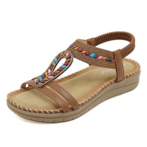 Image of ZAPZEAL Women's Flat Sandals Ladies Bohemian Beaded Strap Shoes Diamante Rhinestone Toe Post Sandals for Ladies (F-Brown, Adult, Women, 7, Numeric, UK Footwear Size System, Medium)