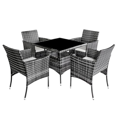 Image of Chiidou 5 Piece Rattan Garden Furniture Set, Outdoor Dining Table and 4 Chairs with Cushions, PE Wicker Patio Set with Tempered Glass Top for Garden, Balcony, Terrace and Conservatory