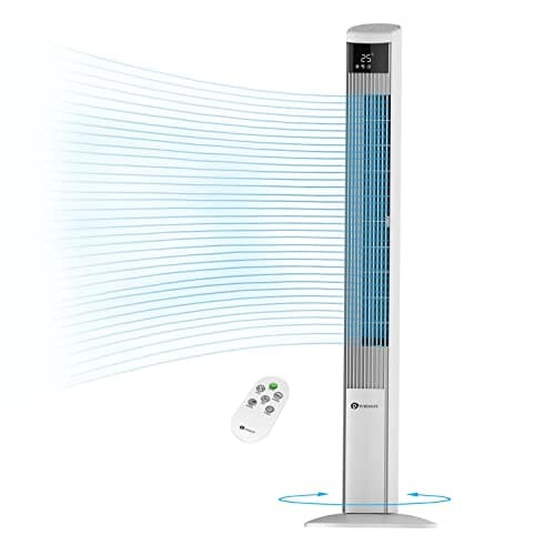Image of PureMate 47-Inch Tower Fan with Air Purifier, DC Motor Oscillating Electric Fan 28W,12 Speeds, LED Display, 4 Modes, 12H Timer, Quiet Standing Bladeless Fan for Large Bedroom, Home Office