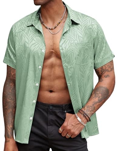 Image of Coofandy Men's Satin Dress Shirt Floral Printed Short Sleeve Silk Button Up Shirts Party Prom Wedding Shirt, Light Green, XL
