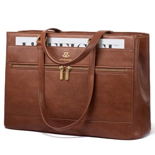 Image of LOVEVOOK Laptop Handbags for Women, 17.3 Inch Large Tote Bag Ladies Work Bags with Compartments, Vintage-Style Leather Laptop Bags Womens Handbag Shoulder Bag for School Office Business, Brown