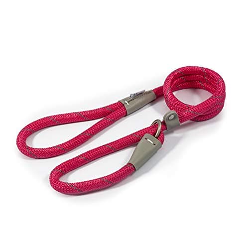 Image of Ancol Viva Reflective Rope and Leather Slip Dog Lead - Pink - Lightweight Weatherproof Durable Puppy Training Accessory - 1.5m x 12mm