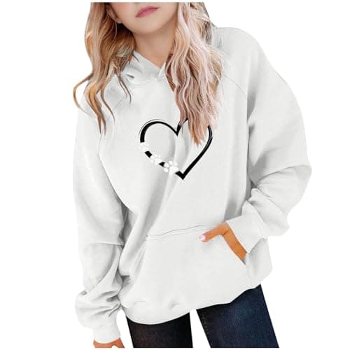 Image of duxyoz Hoodies for Teen Girls Oversized Preppy Hooded Sweatshirt Heart Print Casual Loose Fit Basic Sweatshirt with Hood Pocket White 14-15 Years