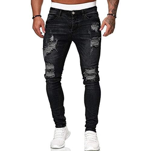 Image of Men's Stretch Skinny Ripped Jeans, Super Comfy Distressed Denim Pants with Destroyed Holes (#17 Black, XL)