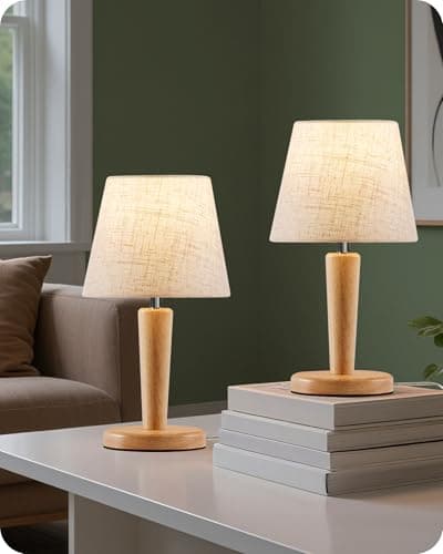 Image of GOEBLESON Small Bedside Lamps Set of 2, Wood Bedside Table Lamp with Beige Linen Shade, 3 Color Temps, E27 LED Bulb Included, Cute Little Desk Lamp for Bedroom, Living Room, Window Sill ZME13TLKP205