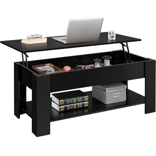 Image of Yaheetech Lift Up Coffee Table, Wooden Lifting Adjustable Tabletop Height Coffee Table with Hidden Storage and Open Shelf for Living Room/Reception Room, Black, 120x59x(49-63.5) cm