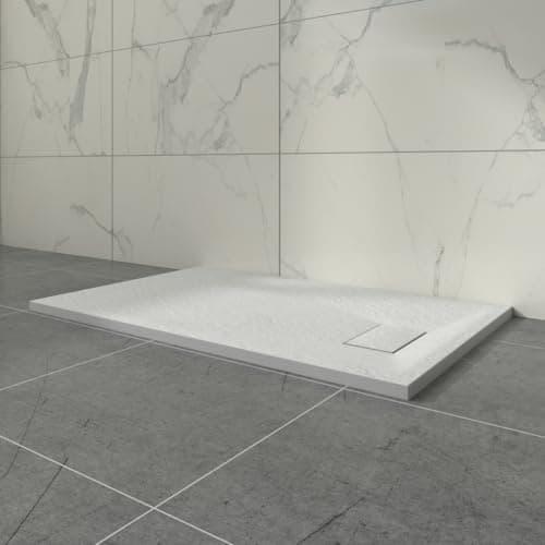 Image of Aquariss White Rectangular Shower Tray Slate Effect SMC Slip-Resistant Shower Base for Bathroom Enclosures 1100x700mm with Waste