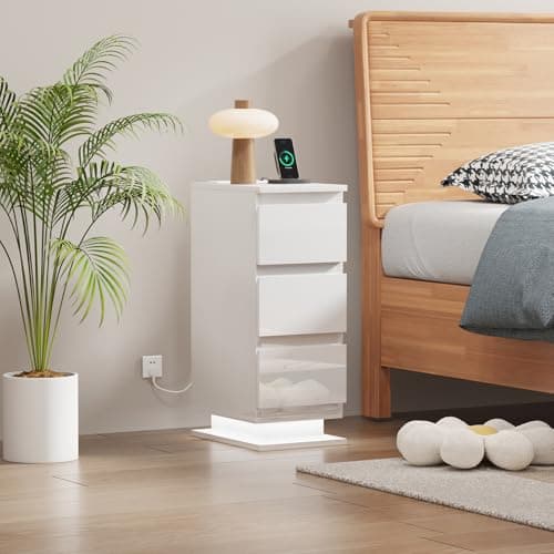Image of Menaka 25CM Narrow Bedside Table Cabinet with Led Light Charging Station, Slim 3 Drawers Side Table Sofa Table Bed Side Nightstand with 2 USB Ports & Power Sockets for Bedroom Living Room