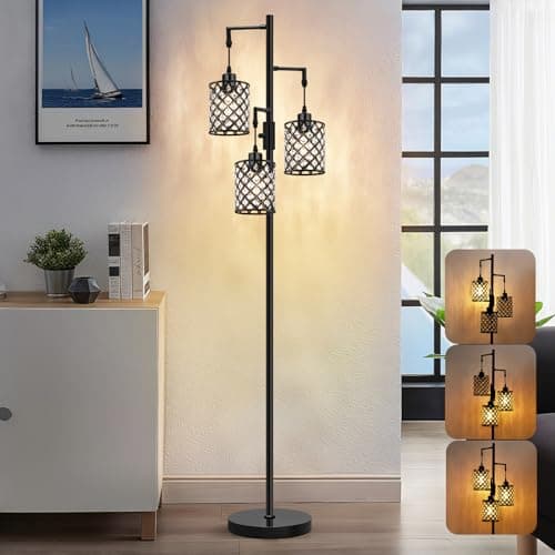 Image of GyroVu Crystal Floor Lamps for Living Room, 3-Light Black Floor Lamp, Standing Tall Lamp with Elegant K9 Crystal Shade & Rotary Switch, Modern Corner Floor Lamp for Bedroom, Home Office, Reading
