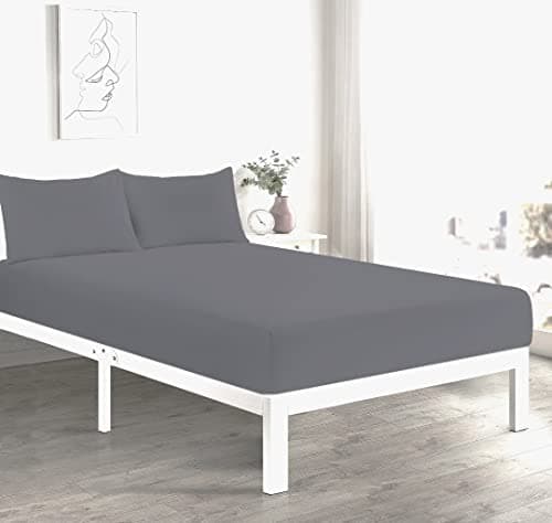 Image of Fitted Bed Sheet With FREE MATCHING 2 X PILLOW CASES Poly Cotton Percale Easy Care Plain Dyed Bed Sheet Grey Double