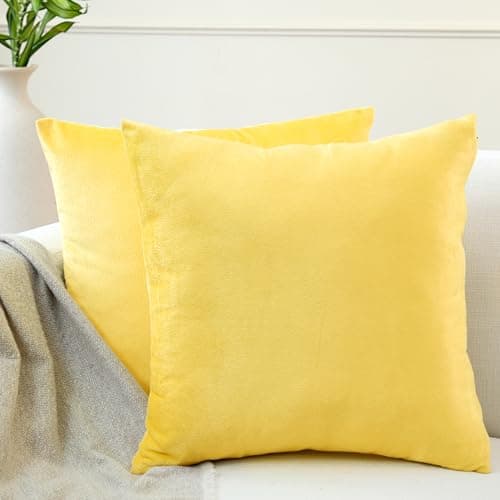 Image of Encasa XO Velvet Cushion Covers (50x50 cm) Set of 02 | Lemon Yellow | Luxurious Square Velvet Throw Pillow Covers With Invisible Zippers | Living Room, Sofa, Chair