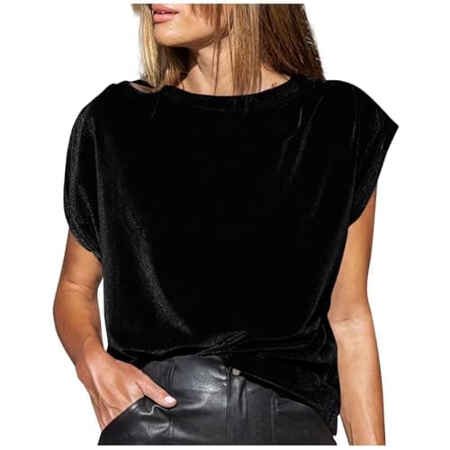 Image of Summer T-Shirts for Women Velvet Short Sleeve Blouses Ladies Elegant Office Work Party Tops Solid Color Loose Fit Casual Tee Shirt Crew Neck Pullover Cap Short Sleeve Tshirts Going Out Top Black
