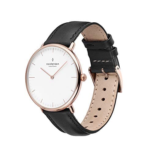 Image of Nordgreen Native Scandinavian Rose Gold Unisex Analog 36mm Watch with Black Leather Strap