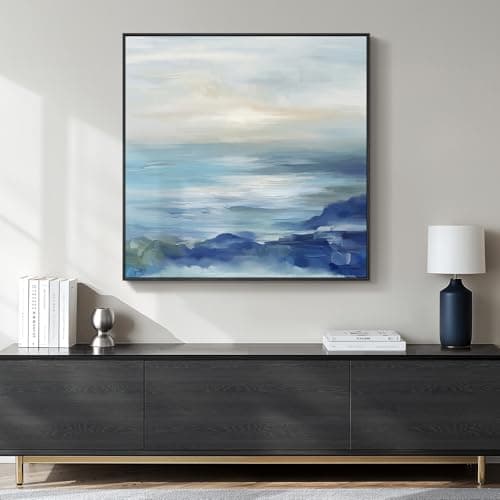 Image of Framed Blue Abstract Wall Art for Living Room, Large Coastal Canvas Artwork for Walls Decor, Seascape Square Beach Ocean Minimalist Paintings Prints for Hallway Bedroom Office Wall Decor, 30x30 Inch
