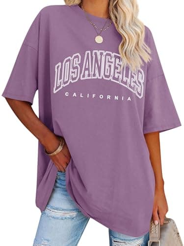 Image of Dresswel Women's T-Shirts Oversized T Shirt for Women Los Angeles California Graphic Print Summer Loose Baggy Tops Crew Neck Short Sleeve Casual Plus Size Tee Shirts