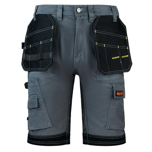 Image of WrightFits Men Pro Builder Work Shorts - Grey - Heavy Duty Safety Combat Cargo Summer Shorts – Multi Holster Pockets - Triple Stitched Durable Workwear (36W)