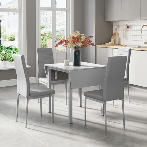 Image of JEFFORDOUTLET Dining Table and Chairs Set of 4, Drop Leaf Folding Grey Kitchen Table With Grey PU Leather High Back Chair for Dining Room, Kitchen