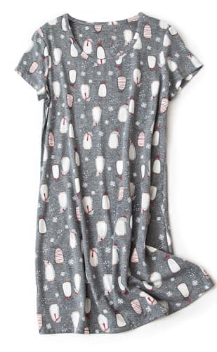 Image of CHUNG Women Nightdress Ladies Nighties Short Sleeve Sleep Tee Shirt Soft Nightgown Cute Pattern Summer Sleepwear Grey Penguin L